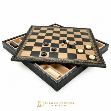 Juego de ajedrez clásico - Tablero de ajedrez y backgammon de cuero y piezas de madera y metal