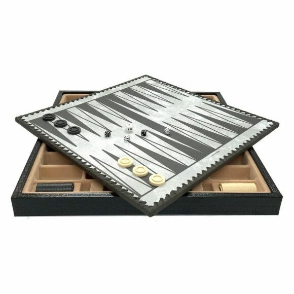 Juego de Ajedrez Arabesco - Tablero de Ajedrez - Backgammon y Damas en imitación de cuero y Piezas de Ajedrez de metal