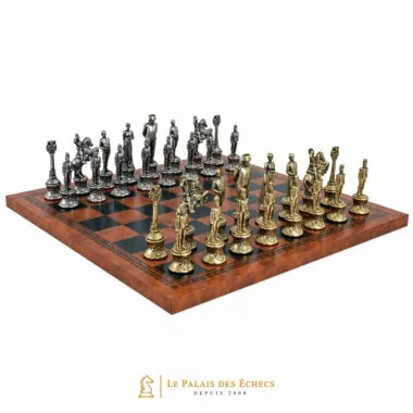 Juego de ajedrez Napoleón completo sobre tablero de símil cuero marrón y negro