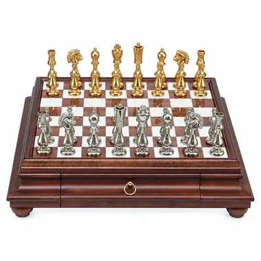 Juego de ajedrez arabesco - Tablero de ajedrez de madera y alabastro toscano con cajón y piezas de metal dorado