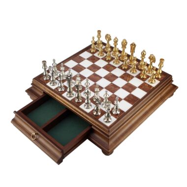 Juego de ajedrez arabesco - Tablero de ajedrez de madera y alabastro toscano con cajón y piezas de metal dorado