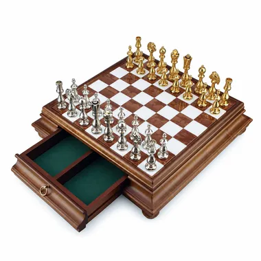 Juego de ajedrez arabesco - Tablero de ajedrez de madera y alabastro toscano con cajón y piezas de metal dorado