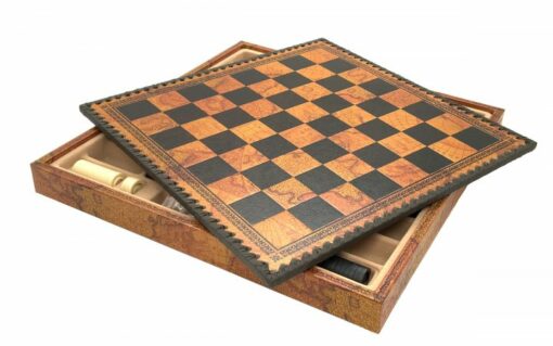 Juego de Ajedrez Rey Arturo - Tablero de Ajedrez - Backgammon y Damas en imitación de cuero con almacenamiento y piezas de resina