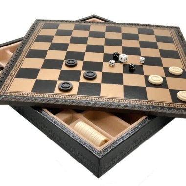 Juego de ajedrez clásico - Tablero de ajedrez y backgammon de cuero y piezas de madera y metal