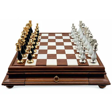 Gran juego de ajedrez oriental blanco y negro - tablero de ajedrez de madera toscana y alabastro con cajón y piezas de madera y latón macizo