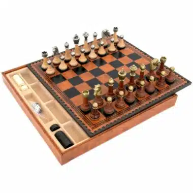 Juego de Ajedrez Clásico - Tablero de Ajedrez - Backgammon y Damas en imitación de cuero con almacenamiento y piezas de madera y metal