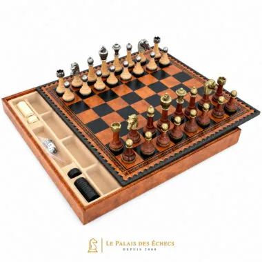 Juego de Ajedrez Clásico - Tablero de Ajedrez - Backgammon y Damas en imitación de cuero con almacenamiento y piezas de madera y metal