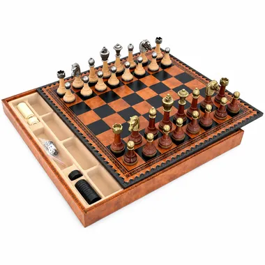 Juego de Ajedrez Clásico - Tablero de Ajedrez - Backgammon y Damas en imitación de cuero con almacenamiento y piezas de madera y metal