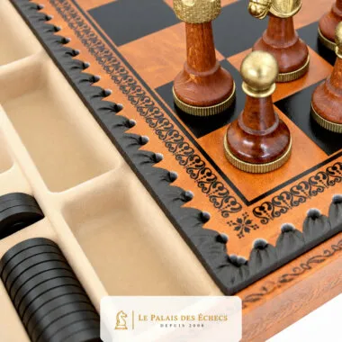 Juego de Ajedrez Clásico - Tablero de Ajedrez - Backgammon y Damas en imitación de cuero con almacenamiento y piezas de madera y metal