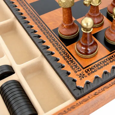 Juego de Ajedrez Clásico - Tablero de Ajedrez - Backgammon y Damas en imitación de cuero con almacenamiento y piezas de madera y metal