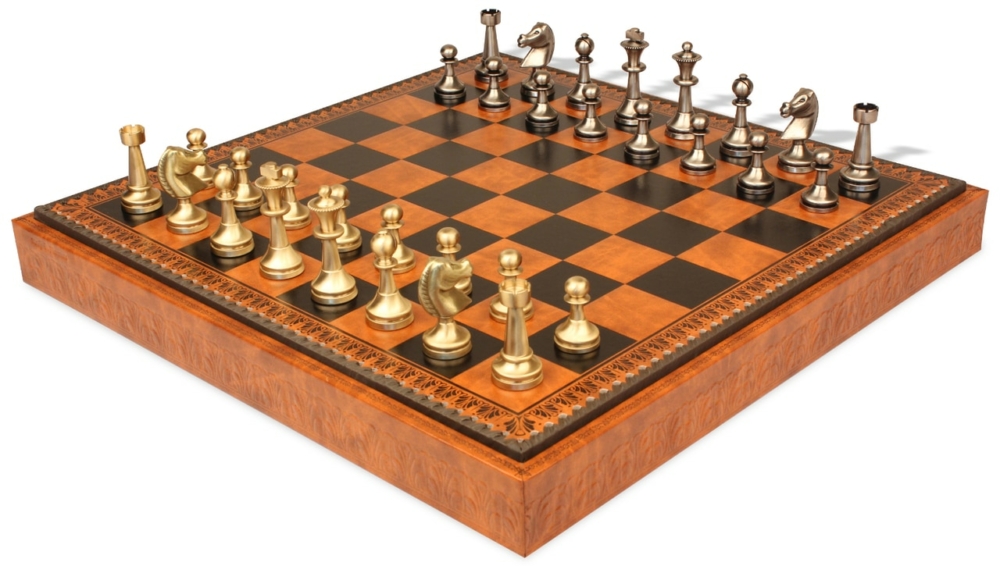 Staunton Grand Chess Set - Tablero de ajedrez - Backgammon y Damas en imitación de cuero y piezas de latón macizo