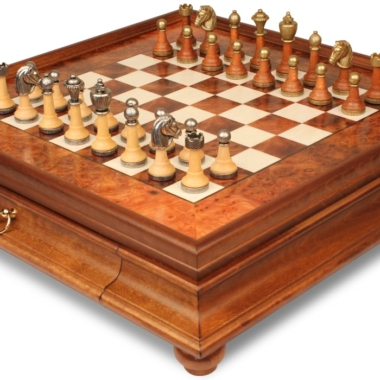 Juego de Ajedrez Clásico - Tablero de madera de Brezo y Madera de Olmo con Cajón & Piezas de Metal y Madera