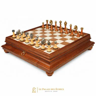 Juego de ajedrez completo sobre tablero de madera y alabastro con cajón