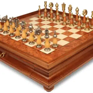 Juego de Ajedrez Arabesco - Tablero de Madera de Brezo y Madera de Olmo con Cajón & Piezas de Metal y Madera