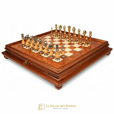 Juego de ajedrez Arabesque completo sobre tablero de madera de raíz con cajón