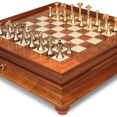 Juego de Ajedrez Contemporáneo - Tablero de Madera de Brezo y Madera de Olmo con Cajón & Piezas de Metal