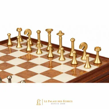 Juego de ajedrez contemporáneo - Tablero de ajedrez de madera toscana y alabastro con cajón y piezas de latón