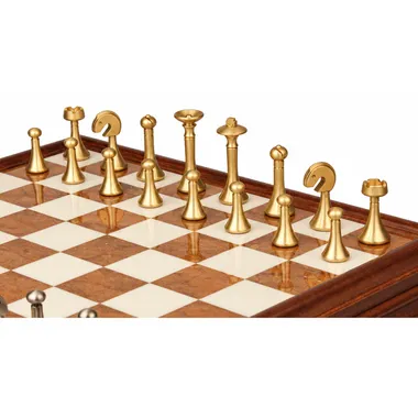 Juego de ajedrez contemporáneo - Tablero de ajedrez de madera toscana y alabastro con cajón y piezas de latón