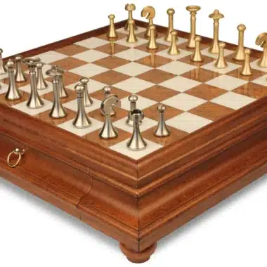 Juego de ajedrez contemporáneo - Tablero de ajedrez de madera toscana y alabastro con cajón y piezas de latón