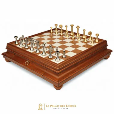 Juego de ajedrez contemporáneo - Tablero de ajedrez de madera toscana y alabastro con cajón y piezas de latón