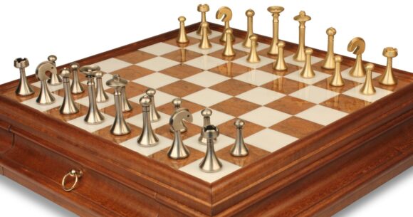 Juego de ajedrez contemporáneo - Tablero de ajedrez de madera y alabastro toscano con cajón y piezas de latón
