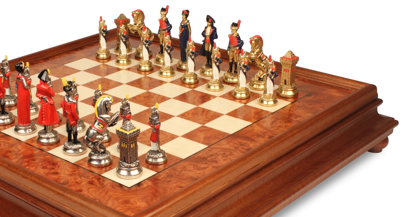 Juego de Ajedrez Napoleón - Tablero de Madera de Brezo y Madera de Olmo con Cajón y Piezas de Metal - Imagen 3