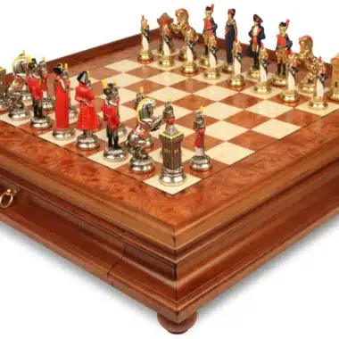 Juego de Ajedrez Napoleón - Tablero de Madera de Brezo y Madera de Olmo con Cajón y Piezas de Metal