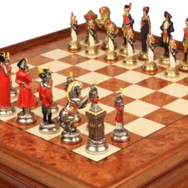 Jeu d'Échecs Napoléon - Échiquier en bois de Bruyère et Bois d'Orme avec tiroir & Pièces en métal