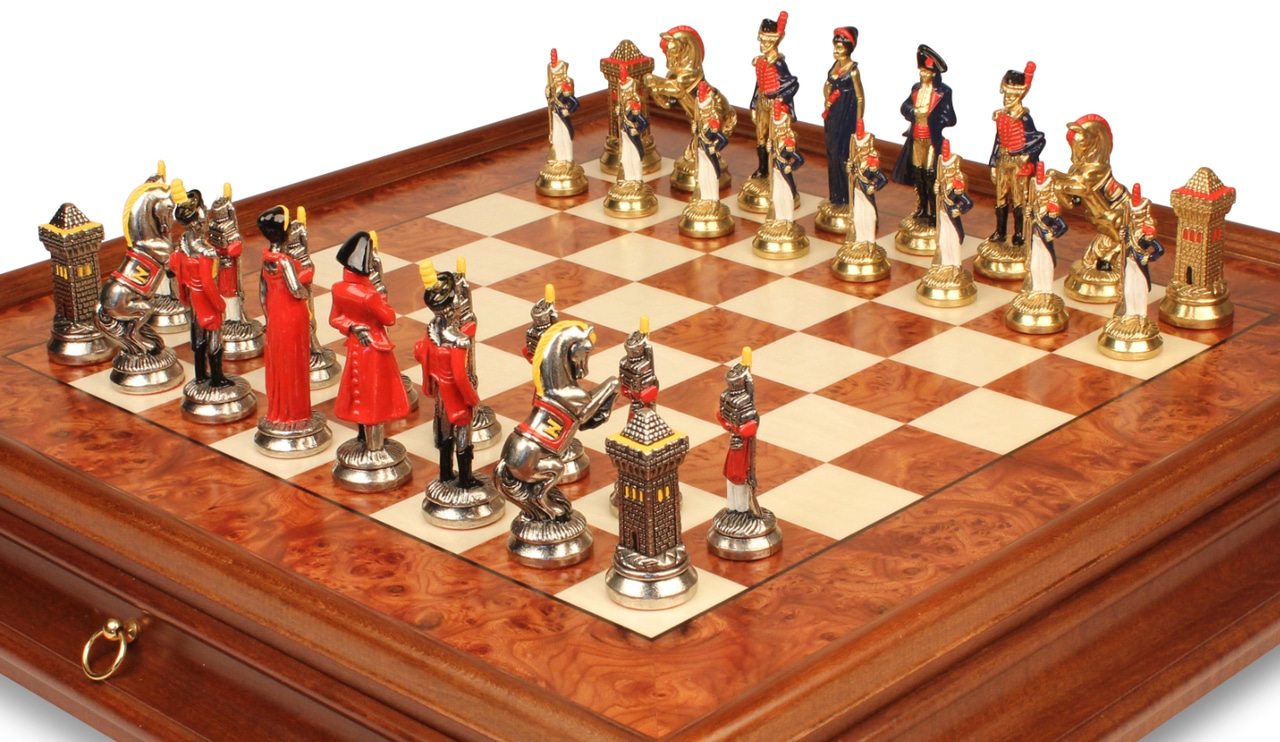 Juego de Ajedrez Napoleón - Tablero de Madera de Brezo y Madera de Olmo con Cajón y Piezas de Metal - Imagen 2