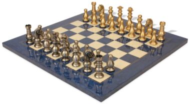 Juego de ajedrez de la Guardia Francesa - Tablero de arce azul y madera de brezo y piezas de latón macizo