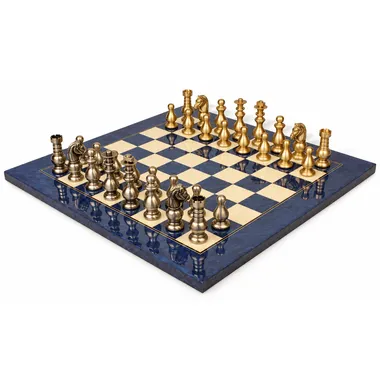 Juego de ajedrez de la Guardia Francesa - Tablero de arce azul y madera de brezo y piezas de latón macizo