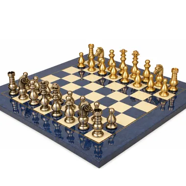 Juego de ajedrez de la Guardia Francesa - Tablero de arce azul y madera de brezo y piezas de latón macizo