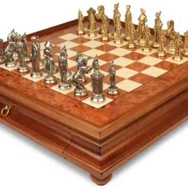 Juego de Ajedrez Napoleón - Tablero de Madera de Brezo y Madera de Olmo con Cajón & Piezas de Metal