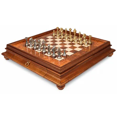 Juego de ajedrez Staunton completo sobre tablero de madera de raíz con cajón de almacenamiento