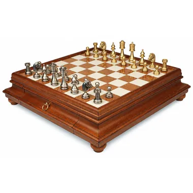 Juego de ajedrez persa - Tablero de ajedrez de madera y alabastro toscano con cajón y piezas de latón macizo