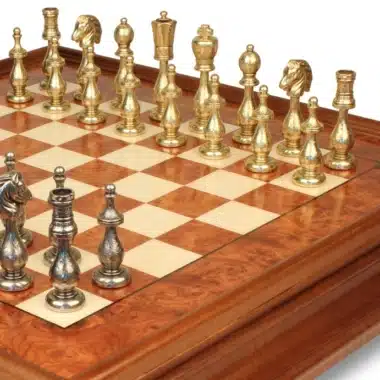 Juego de Ajedrez Arabesco - Tablero de Ajedrez de Madera de Brezo y Madera de Olmo con Cajón & Piezas de Metal - Imagen 5
