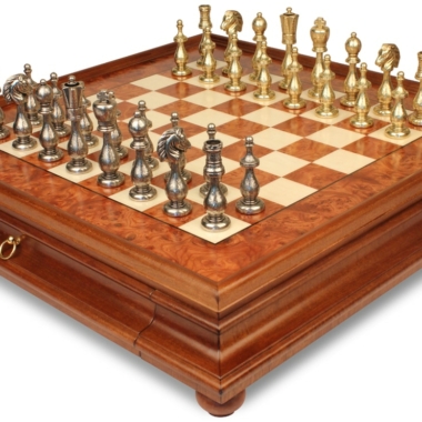 Juego de Ajedrez Arabesco - Tablero de Ajedrez de Madera de Brezo y Madera de Olmo con Cajón & Piezas de Metal