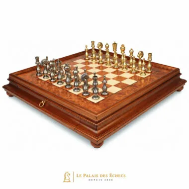 Juego de ajedrez Arabesque completo sobre tablero de madera de raíz con cajón