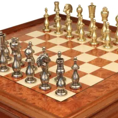 Juego de Ajedrez Arabesco - Tablero de Ajedrez de Madera de Brezo y Madera de Olmo con Cajón & Piezas de Metal - Imagen 4