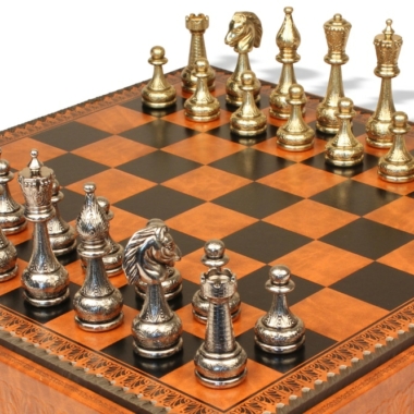 Juego de ajedrez florido - Tablero de ajedrez - Backgammon y damas en imitación de cuero y piezas de ajedrez de metal