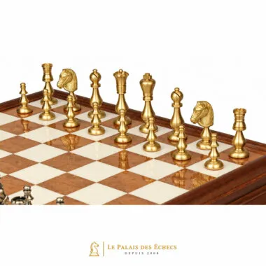Juego de ajedrez oriental - Tablero de ajedrez de madera toscana y alabastro con cajón y piezas de latón macizo