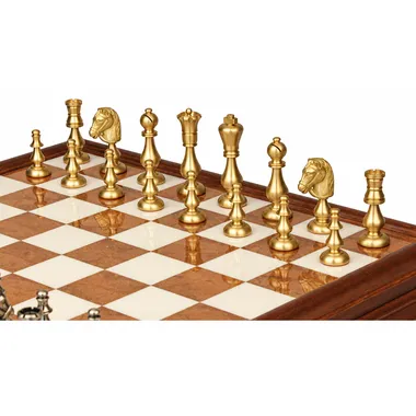 Juego de ajedrez oriental - Tablero de ajedrez de madera toscana y alabastro con cajón y piezas de latón macizo