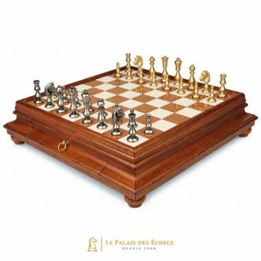 Juego de ajedrez oriental - Tablero de ajedrez de madera toscana y alabastro con cajón y piezas de latón macizo