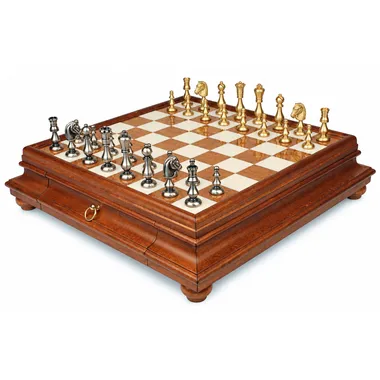 Juego de ajedrez oriental - Tablero de ajedrez de madera toscana y alabastro con cajón y piezas de latón macizo