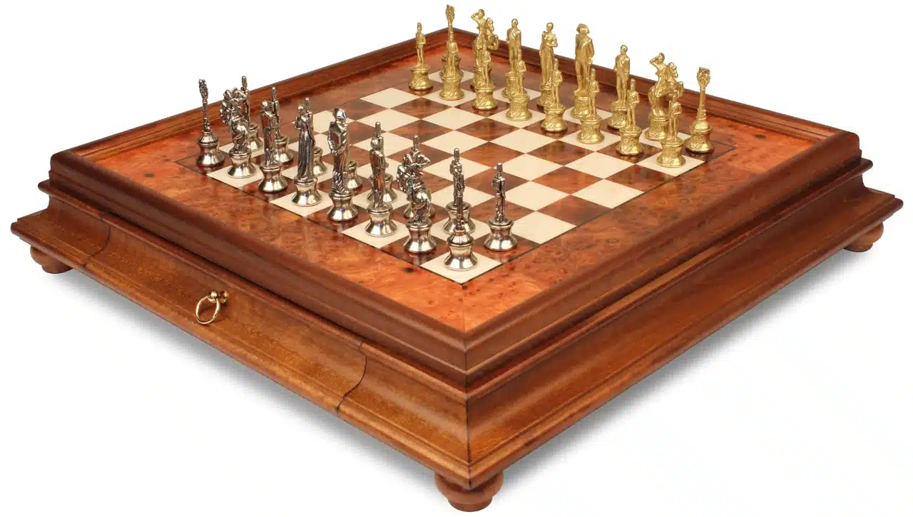 Juego de Ajedrez Napoleón - Tablero de Madera de Brezo y Madera de Olmo con Cajón y Piezas de Metal