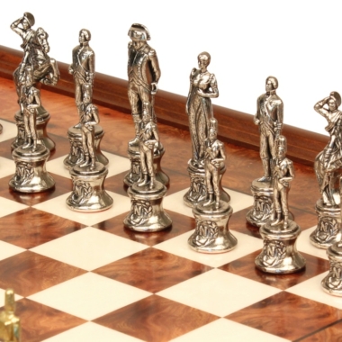 Jeu d'Échecs Napoléon - Échiquier en bois de Bruyère et Bois d'Orme avec tiroir & Pièces en métal
