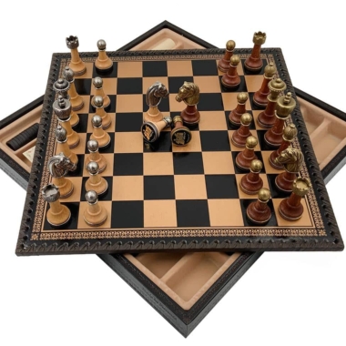 Juego de ajedrez clásico - Tablero de ajedrez y backgammon de cuero y piezas de madera y metal