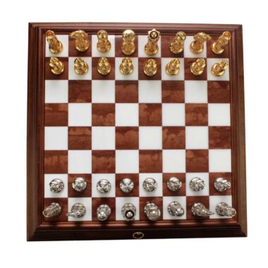 Juego de ajedrez arabesco - Tablero de ajedrez de madera y alabastro toscano con cajón y piezas de metal dorado