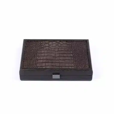 Juego de Dominó Gris Oscuro - Cuero Efecto Cocodrilo y Caja de Madera