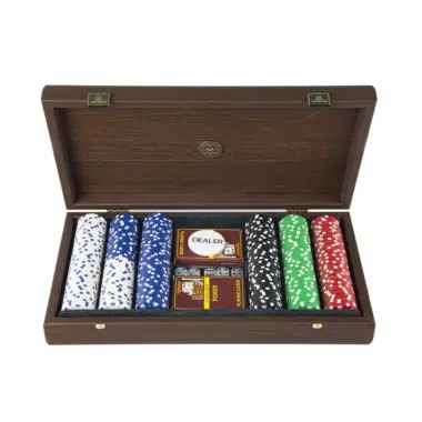 Juego de póker - Estuche de madera de nogal oscuro con tapa de polipiel marrón